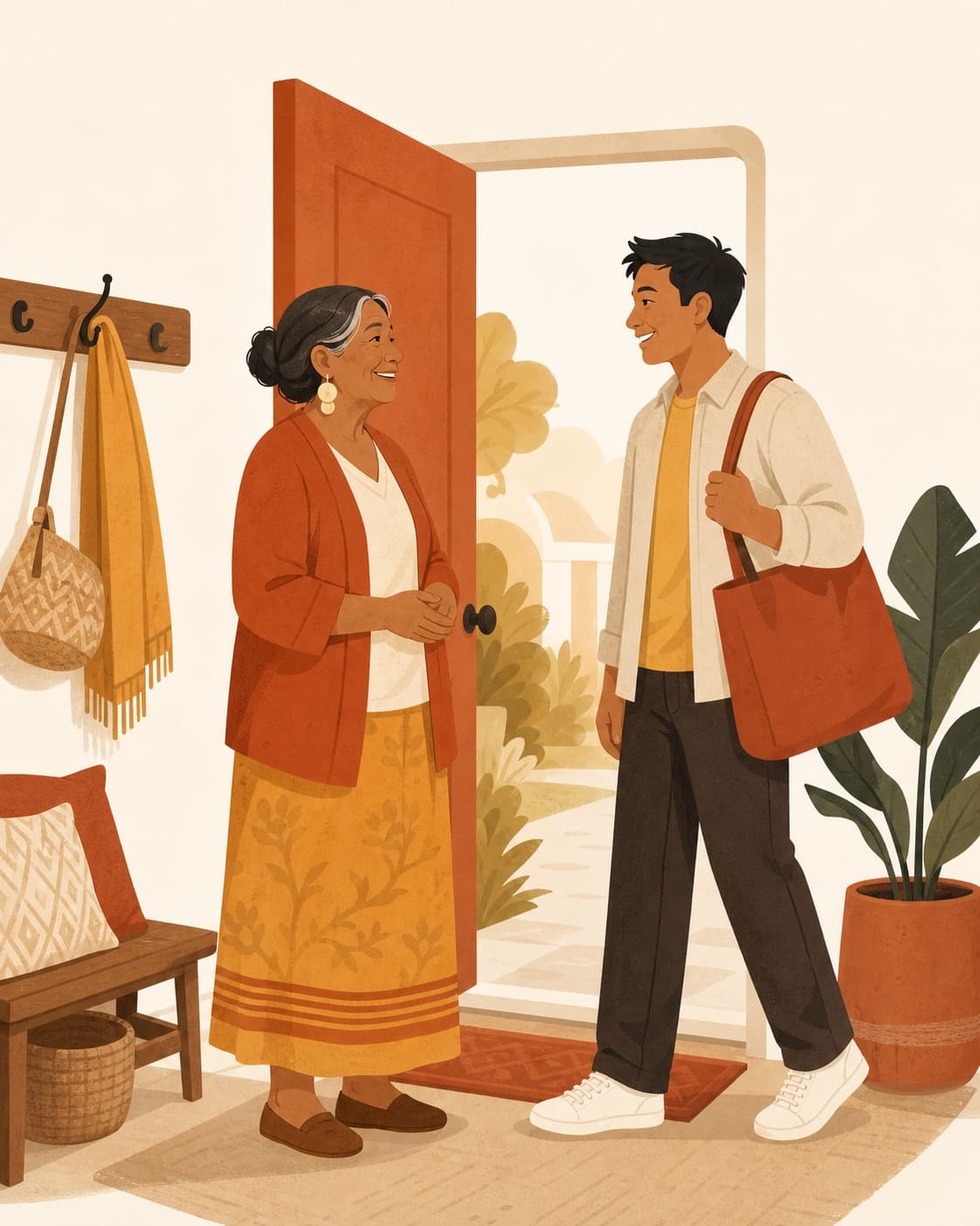 An older adult welcoming a companion at the front door.