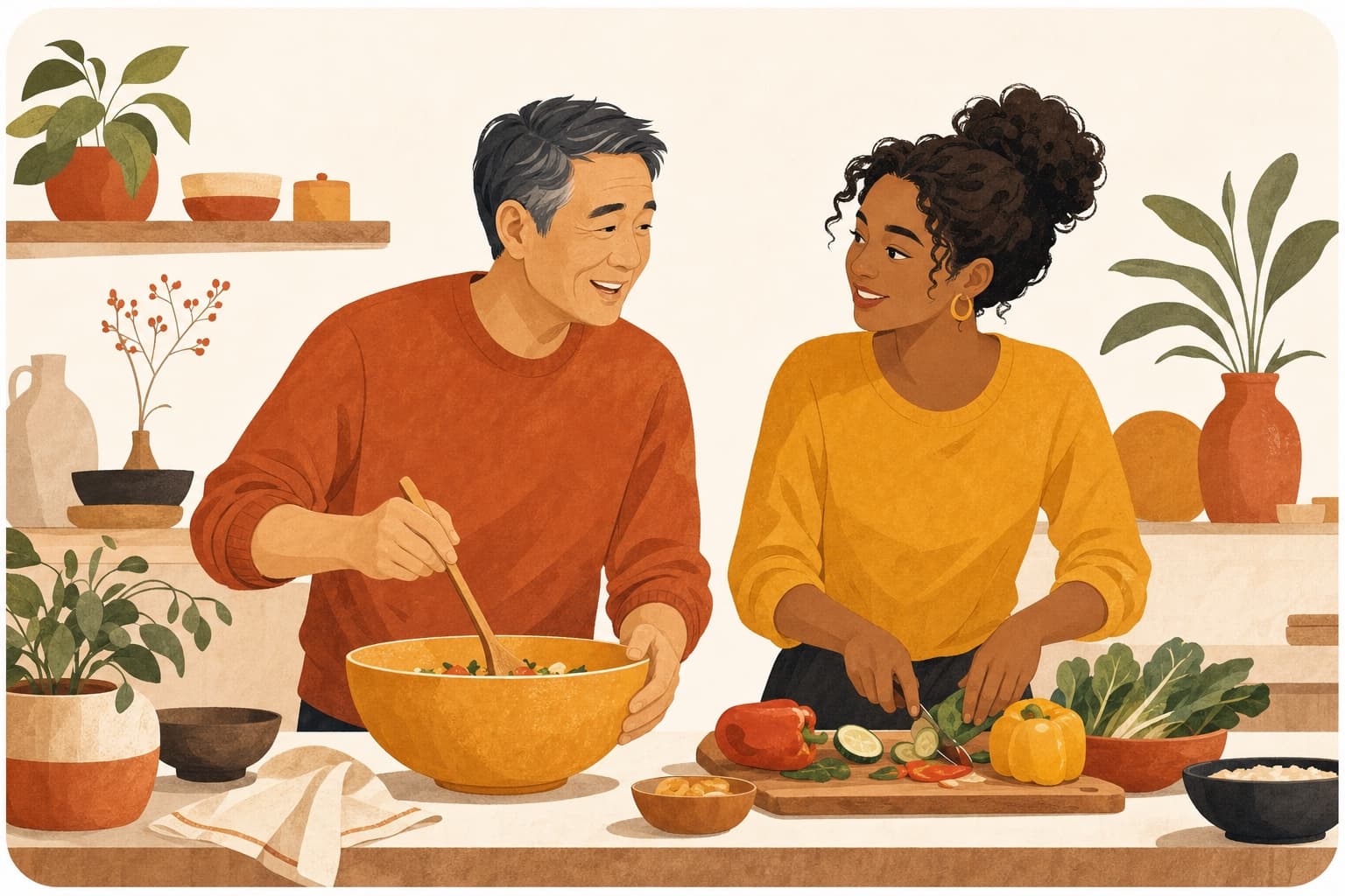 An older man and a companion preparing a meal together.