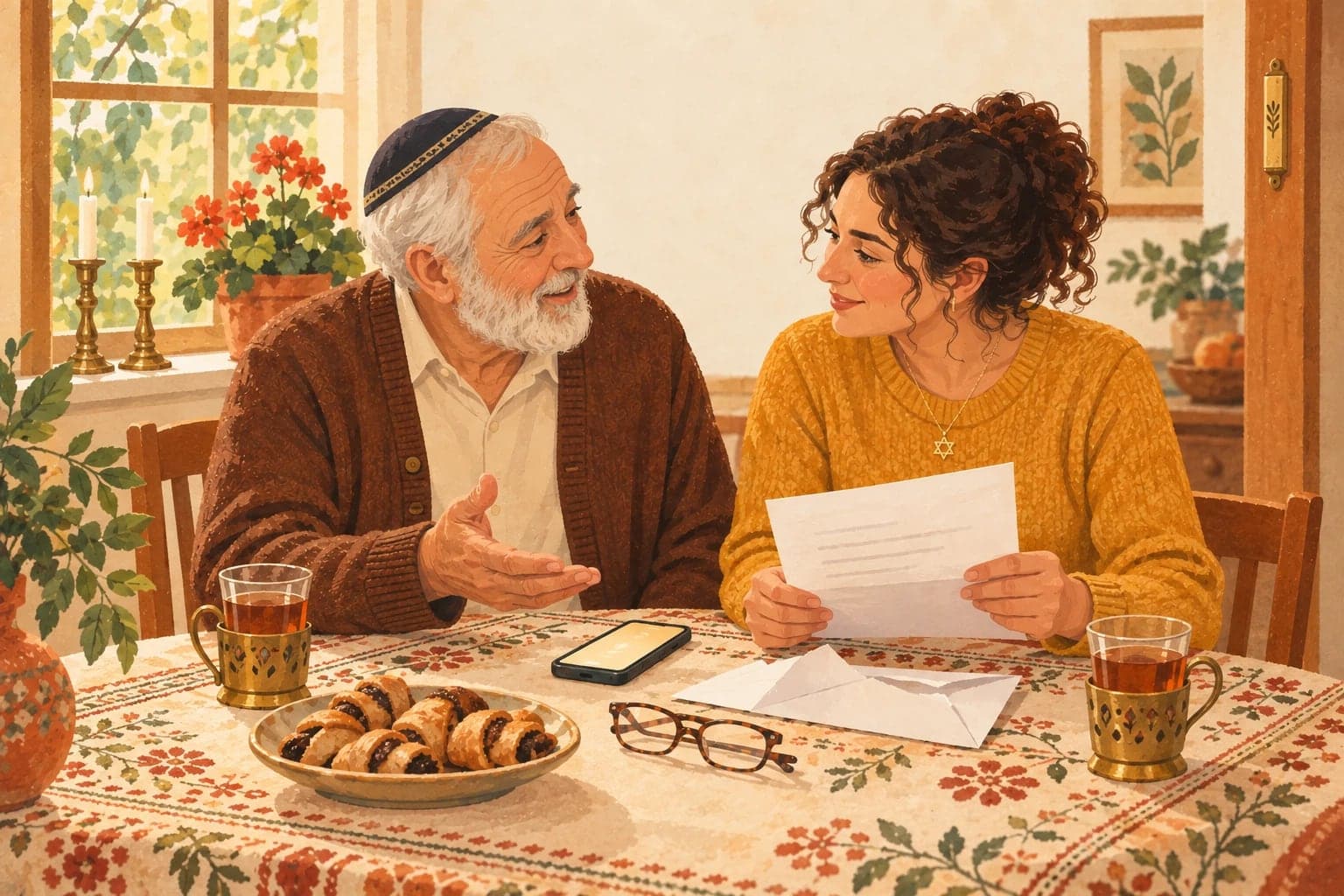 An older man in a kippah talks with a companion at his kitchen table as she holds an opened letter, with a phone on speaker, two glasses of tea in brass holders, a plate of rugelach, and Shabbat candlesticks on the windowsill behind them.