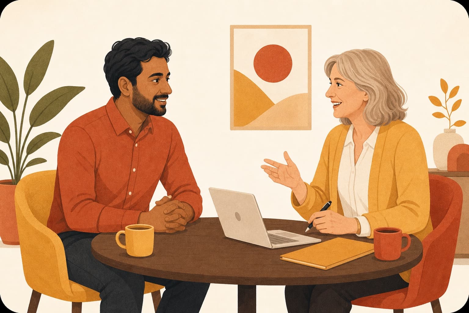 A companion applicant speaking with a Saheli team member at an interview.