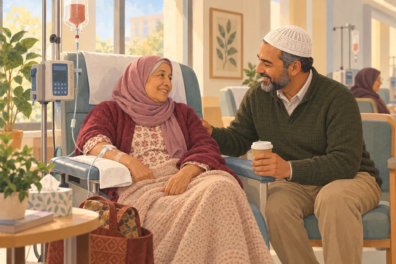 An older woman in a headscarf smiles from a treatment chair while a companion in the visitor seat beside her leans in with a cup of coffee, her patterned bag and a box of tissues on the table nearby.