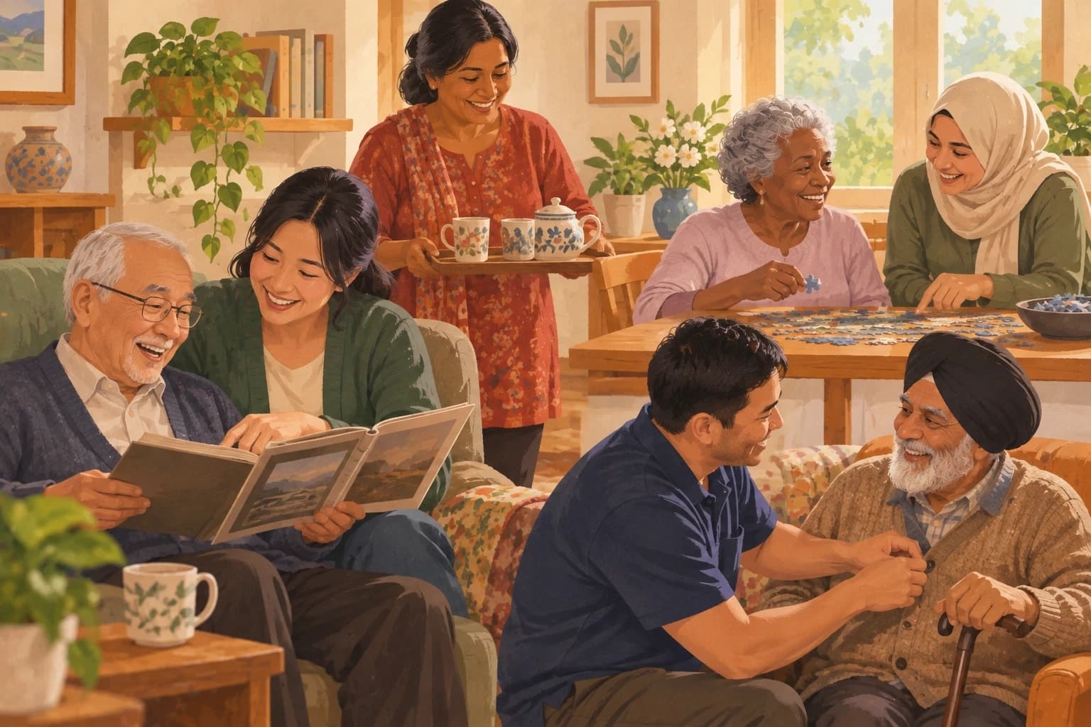 A bright living room where three companions spend time with older people from different communities: sharing a photo album on the sofa, a jigsaw at the table, tea being carried over on a tray.