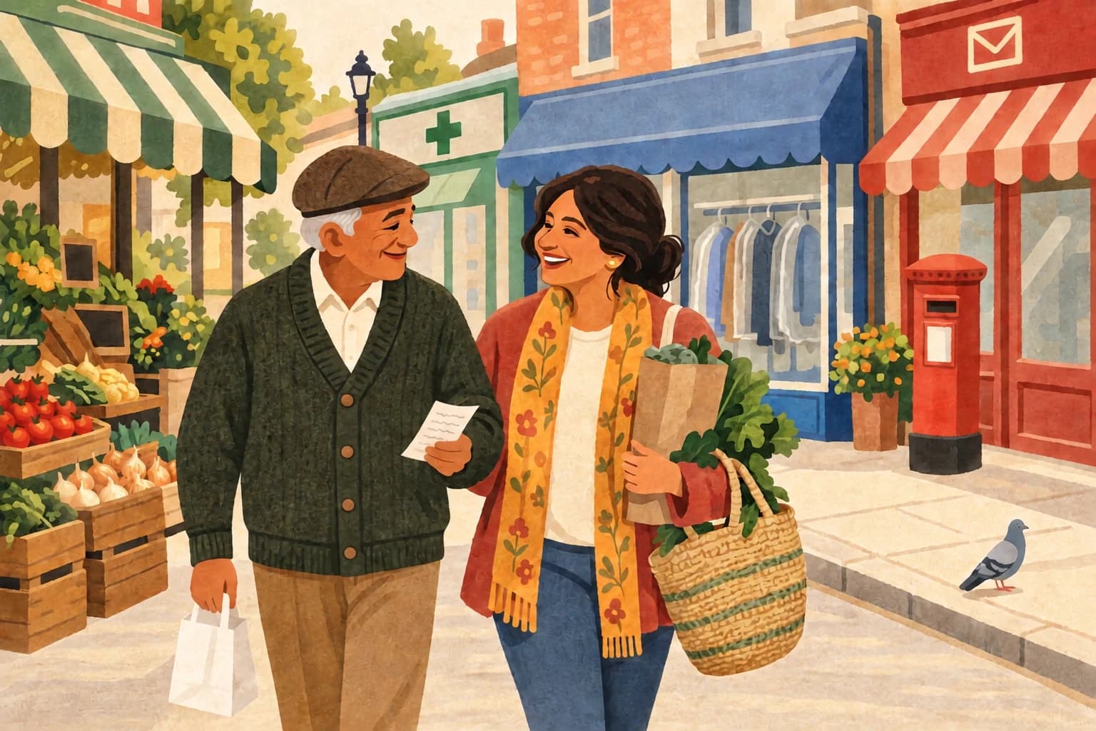An older man in a flat cap reads a shopping list as he walks along a small high street with a companion carrying a woven tote of vegetables; behind them a greengrocer, a pharmacy, a dry cleaner and a red postbox.