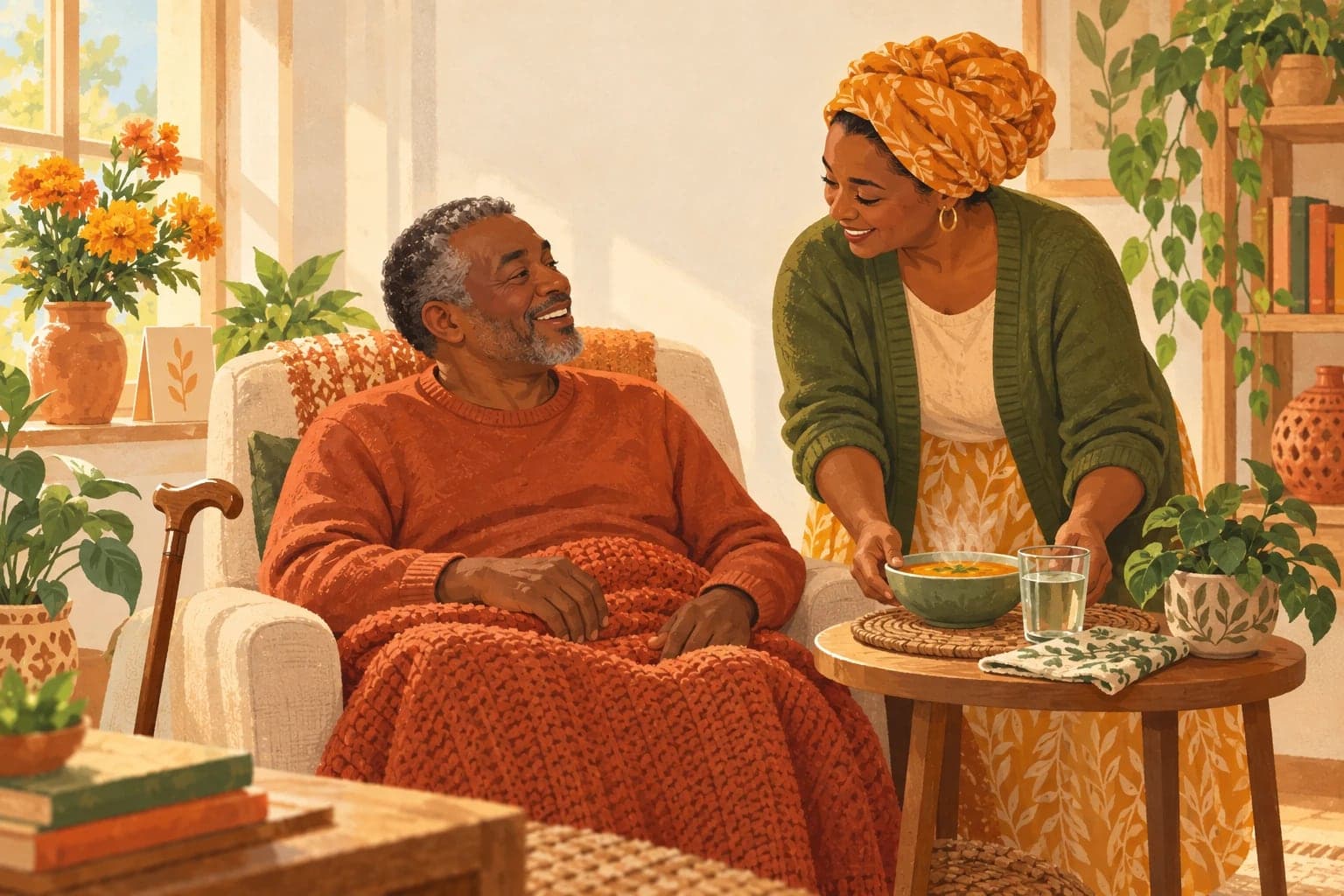A man resting in an armchair under a knitted blanket, his walking cane beside him, smiles up at a companion setting down a bowl of soup and a glass of water on the side table, with flowers and a card on the windowsill.