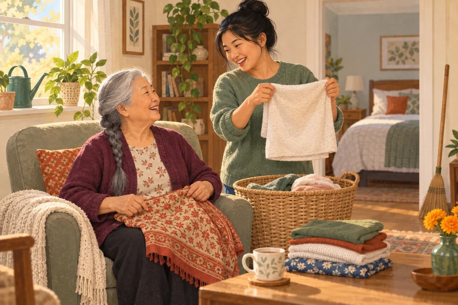 An older woman with a grey braid sits in an armchair smoothing a folded block-printed shawl while a companion holds up a freshly folded towel, a basket of clean laundry between them and a made bed visible through the doorway.