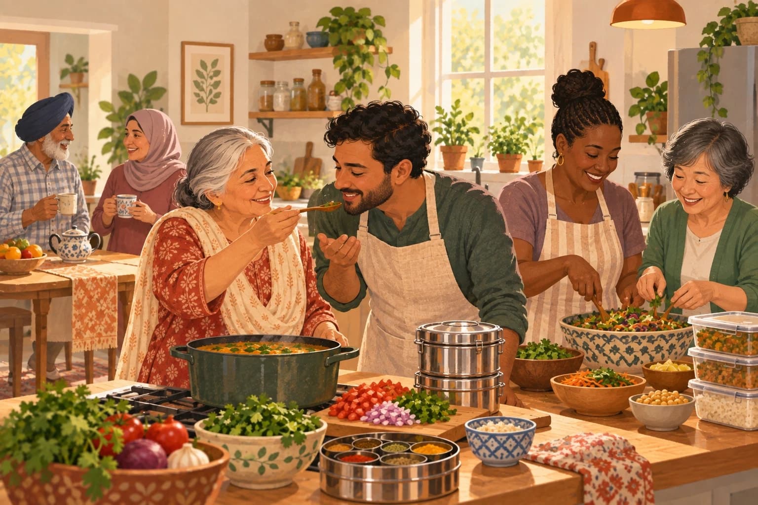 A busy home kitchen: an older woman holds out a spoon for a companion to taste from a pot, two others chop salad, and the counter holds spice tins, a steel tiffin, fresh coriander and containers ready for the fridge.