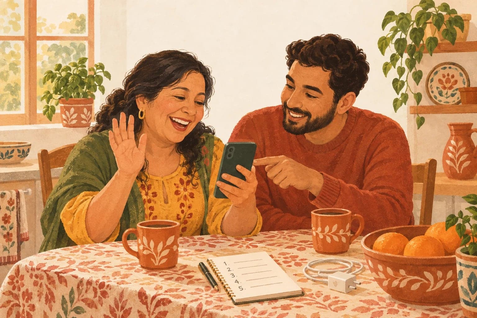 A woman at her kitchen table laughs and waves at a video call on her phone while a companion beside her points to the screen, with two mugs of coffee, a numbered notepad, a charger and a bowl of oranges on the flowered tablecloth.