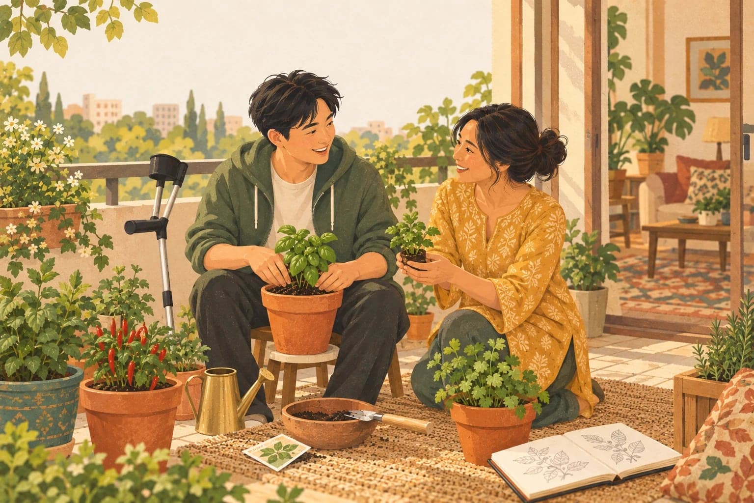 A young man with his forearm crutch leaning on the railing repots a basil seedling on his sunny apartment balcony while a companion kneels beside him holding out the next plant, among pots of chilli and coriander, a brass watering can and an open sketchbook of leaf drawings.